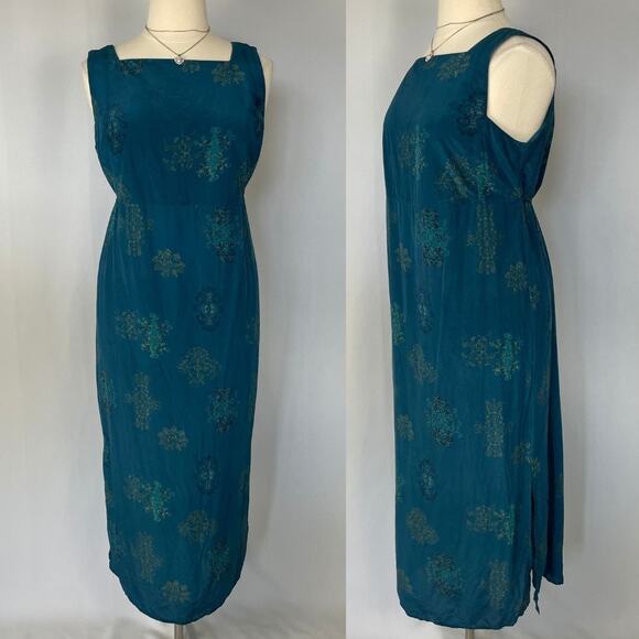 Boho Maxi Dress Plus Size 1X Blue Brocade Print Pure Silk Sleeveless Hippie Vtg - Picture 1 of 16